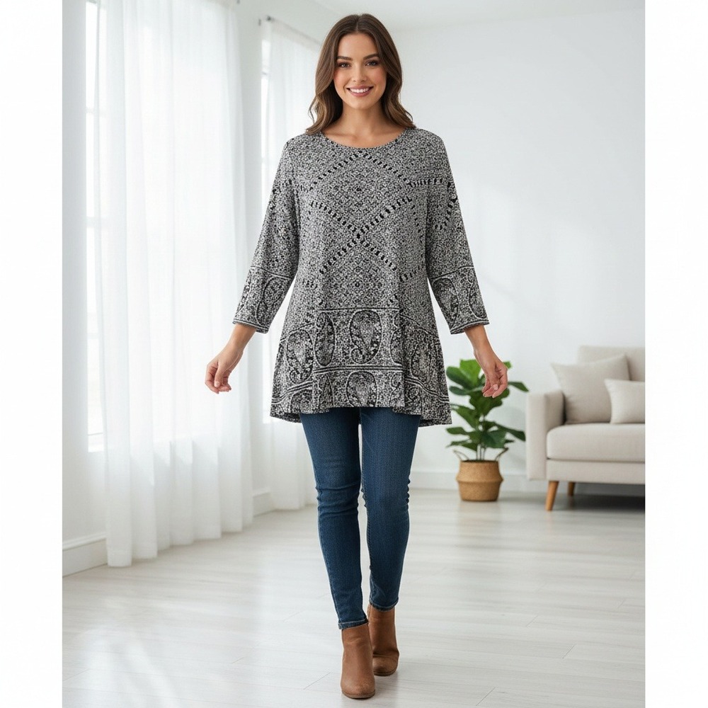 Lucky Brand Black White‎ Paisley Tunic Top Boho Geometric Print Cotton Modal